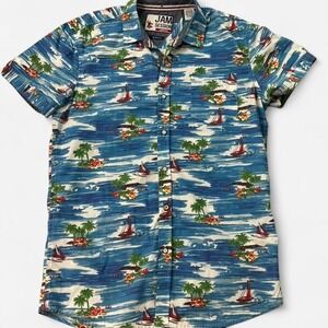 Jam Session Slim Fit Hawaiian Shirt M Blue Sailboat Island Tropical Print 0165